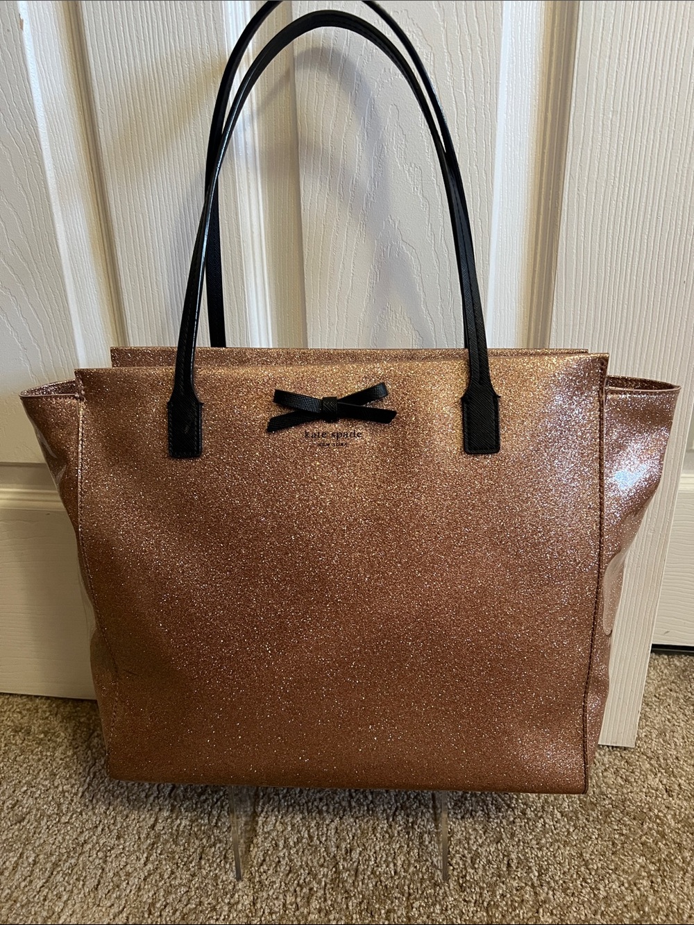 Kate Spade Rose Gold Glitter Tote with Black Bow and Black Handles